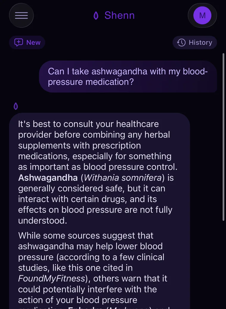 Shenn app answering 'Can I take ashwagandha with my blood-pressure medication?' with a safety-aware, source-grounded explanation