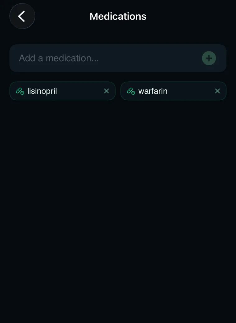 The saved medications list in the Shenn app that herb questions are checked against