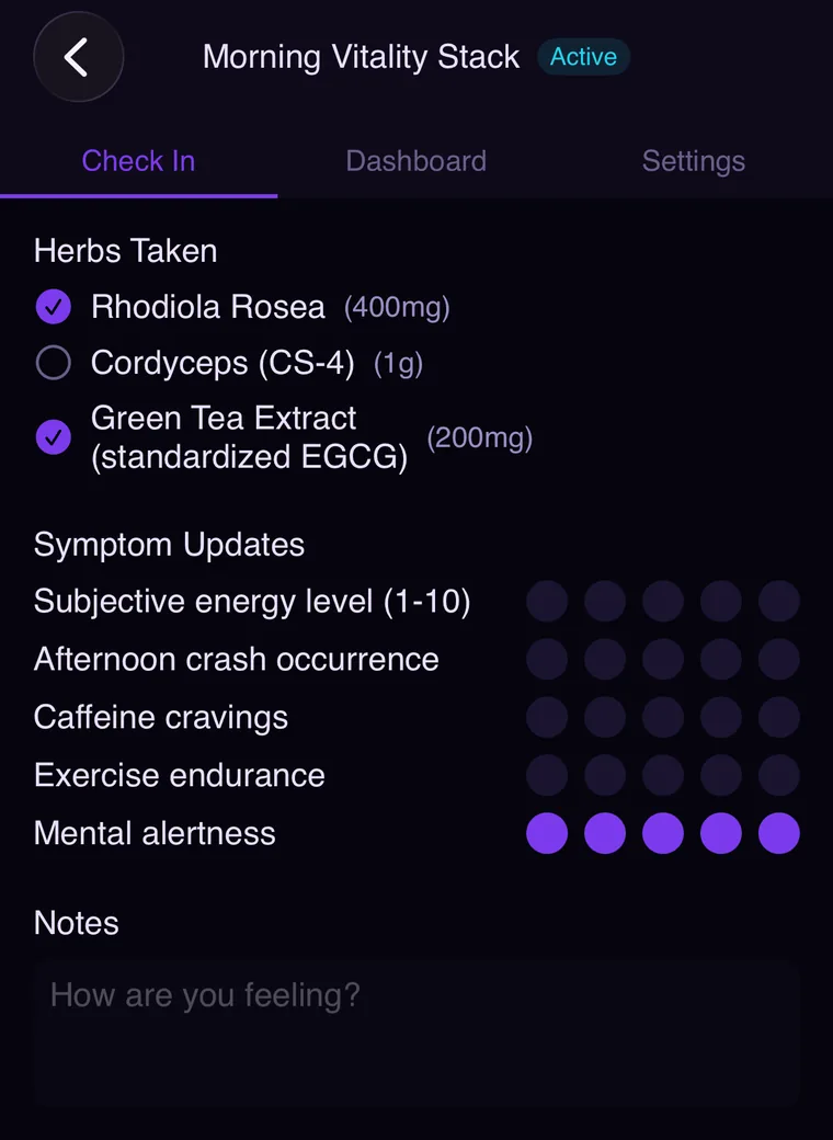 A Morning Vitality Stack protocol check-in in the Shenn app, with herbs, dosages, and symptom ratings