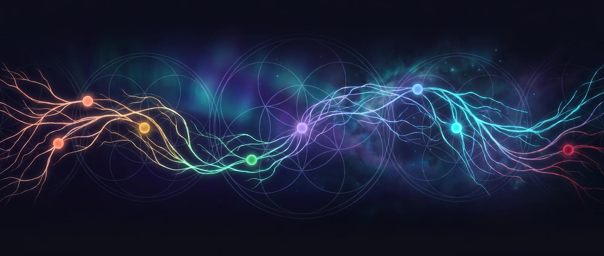 Seven glowing tradition nodes woven into one luminous strand